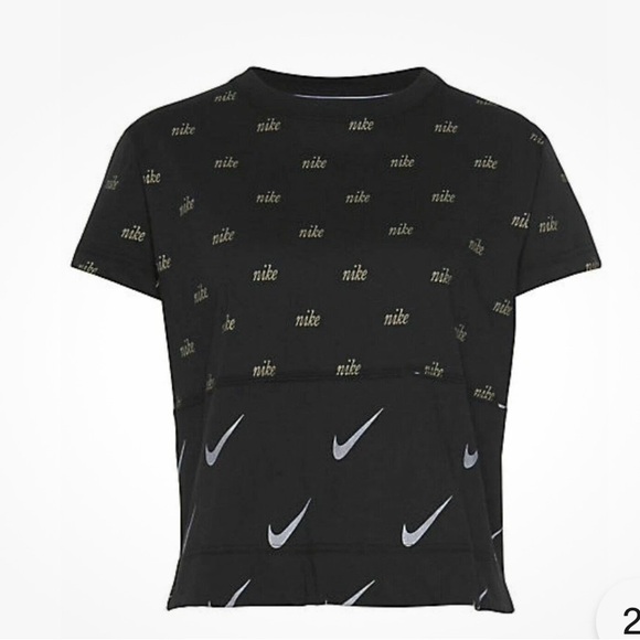 Nike metallic crop tee. Black w gold & white logo swoosh print. - Picture 4 of 7